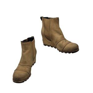 Sorel Womens Leather Lea Wedge‎ Booties Elk Curry Sz 9.5 Mad Max Apocalyptic Tan